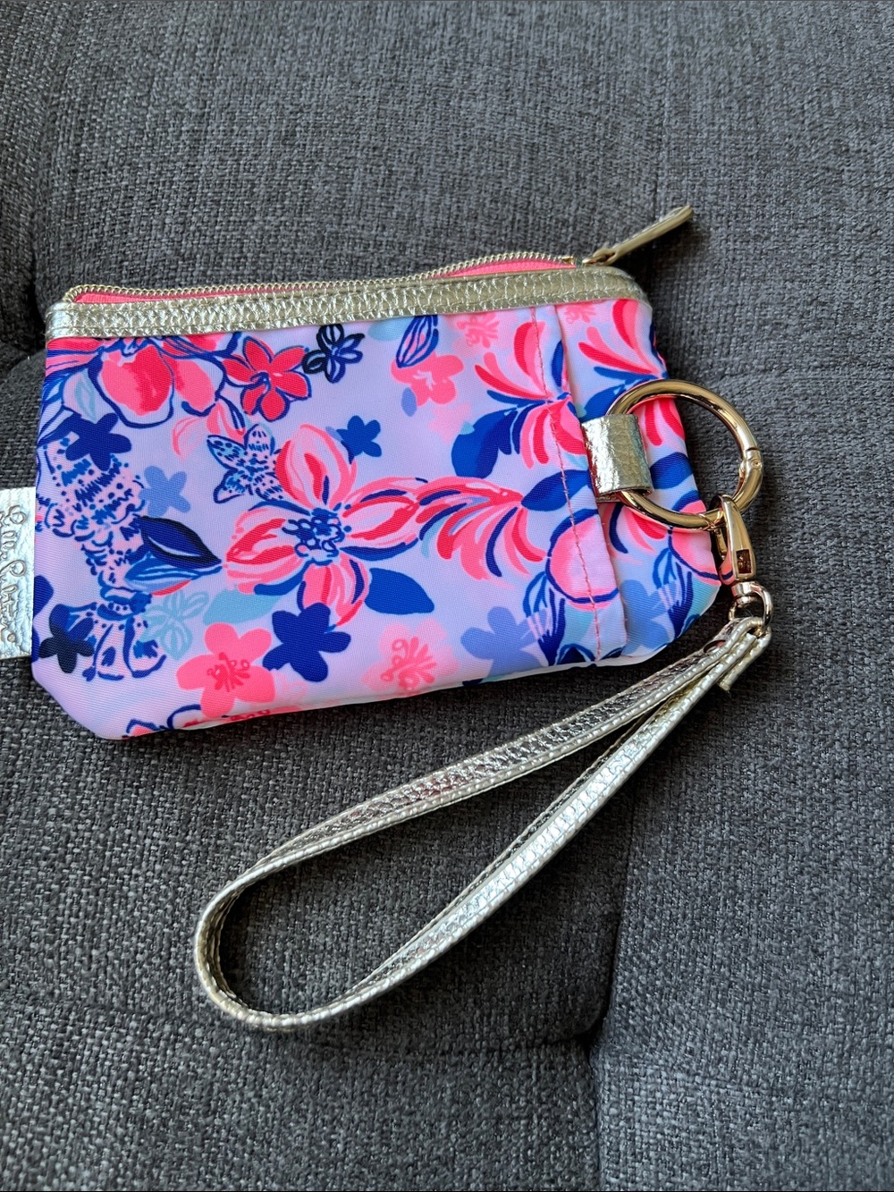 Lilly Pulitzer Floral Pink & Blue Wristlet Coin Purse - Gold Strap